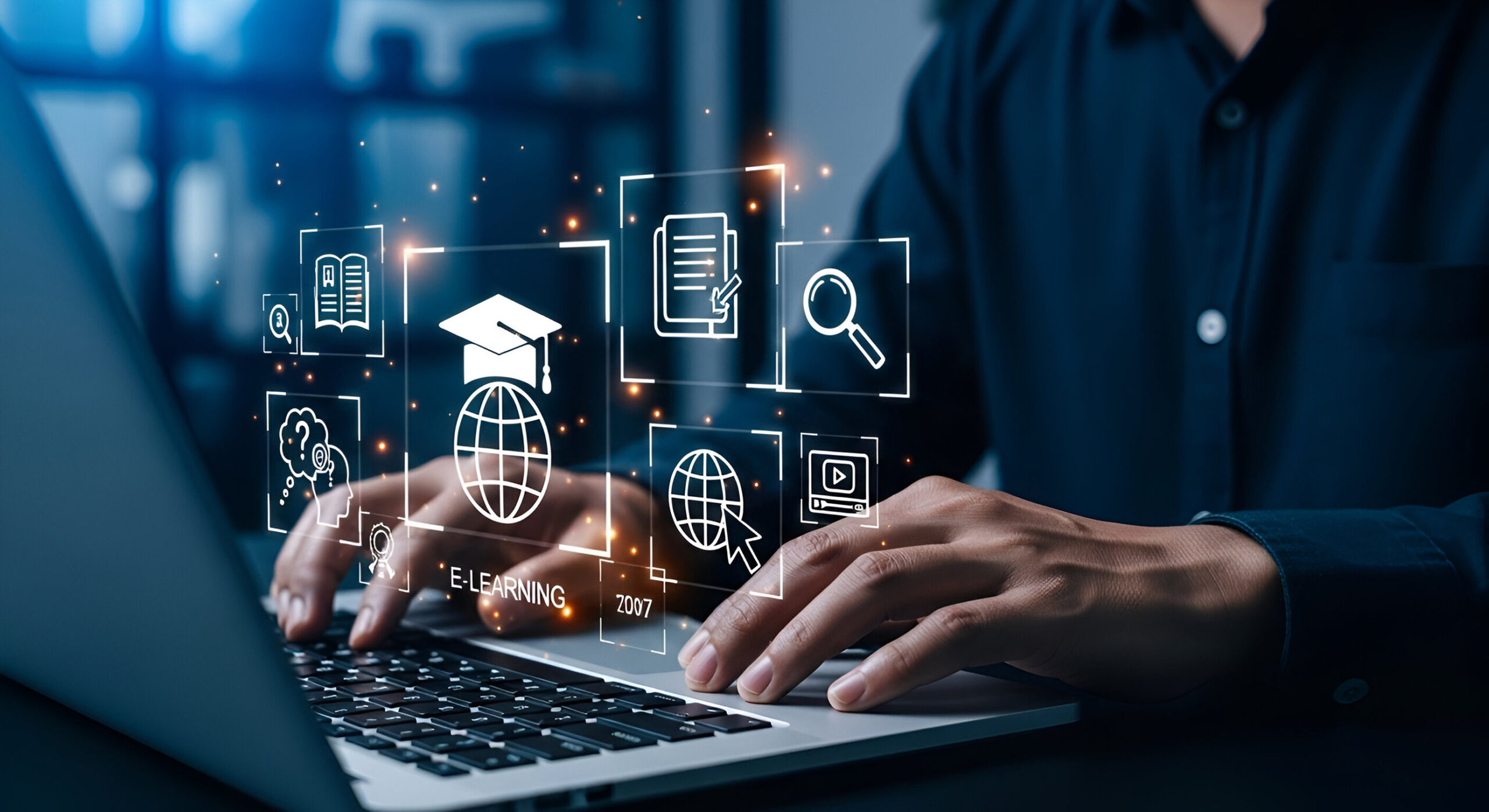 Hands typing on a laptop in a dark, blue-lit room with glowing icons floating above the keyboard (notes, search, video, learning). It looks like someone building a simple system for what to say and how to say it. The vibe is turning “school writing” into normal, human language that actually sounds like you.